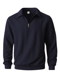 Mens Lapel Half Zip Sweatshirt Long Sleeve Cable Textured Pullover Relaxed Fit Tops For Daily Casual Autumn And Winter Dressing
