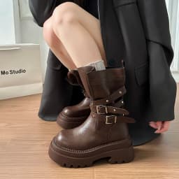 Lined Warm Women Platform Mid Calf Boots Multi Buckle Strap Faux Leather Shoes Casual Autumn Thick Sole Motorcycle Boots