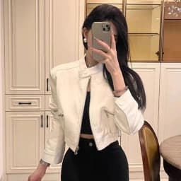 Chic Black Women Cropped Moto Jacket Zip Up Crew Neck Pockets Coat Faux Leather High Street Y2K Streetwear Winter Outwear Top