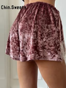 Chic Women's Velvet Lace Patchwork Shorts Loose Hollow Out Elastic Waist Female Short Pant 2026 Summer Lady All-match Pants New