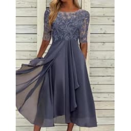 Womens Dresses Romantic Simple Dress With Chiffon Patchwork Lace Hollow Out Long Dress Bridesmaid Evening Dress Women's Wear