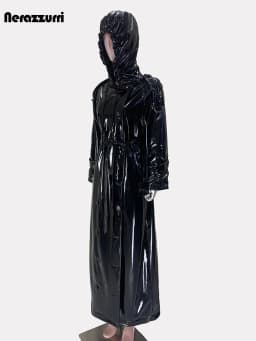 Nerazzurri Autumn Extra Long Shiny Black Soft Patent Pu Leather Trench Coat for Women with Hood Double Breasted European Fashion