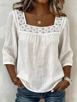 Women's 2026 Summer Square Neck Lace Trim Top – 3/4 Sleeve Cotton Linen Blouse, Solid Color Casual Chic Shirt