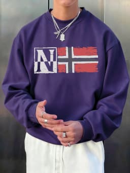 N Artistic Characters And Flag Print Pullover Men Autumn Loose Hoody Casual Fleece Soft Sweatshirt All-Match O-Neck Long Sleeve