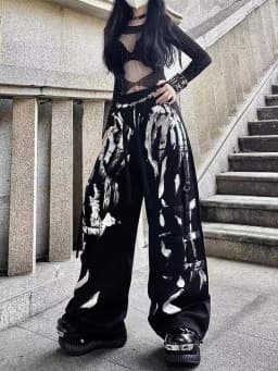 Y2K Grunge Silver Painted Cargo Pants Women's Gothic Drawstring Wide Leg Baggy Streetwear Trousers Female Punk Harajuku Bottoms