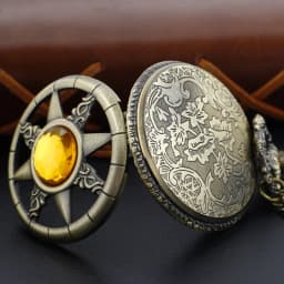 Hollow Yellow Magic Gemstone Inlaid Compass Quartz Pocket Watch Retro Digital Pendant Chain Clock Necklace Jewelry Clock Gift