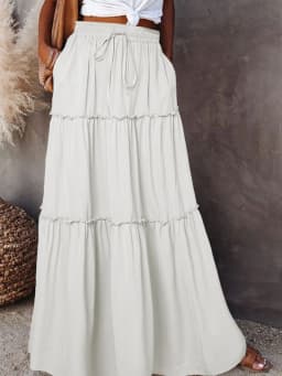 Women's Spring Autumn New Long Skirt Solid Color Fashionable Mushroom Layered Skirt High Waist Elastic Ruffle Skirt