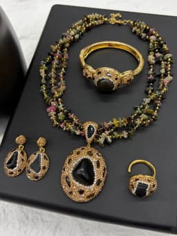 Vintage 4pcs Necklace Earring Ring Bracelet Crystal Stone Jewelry Sets for Women Natural Amethyst Tigers Eye Statement Jewelrys