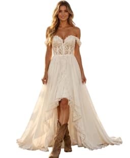 Elegant High Low Boho Wedding Dress Off Shoulder Asymmetrical Bridal Gown Sweetheart Lace Wedding Gowns Customized