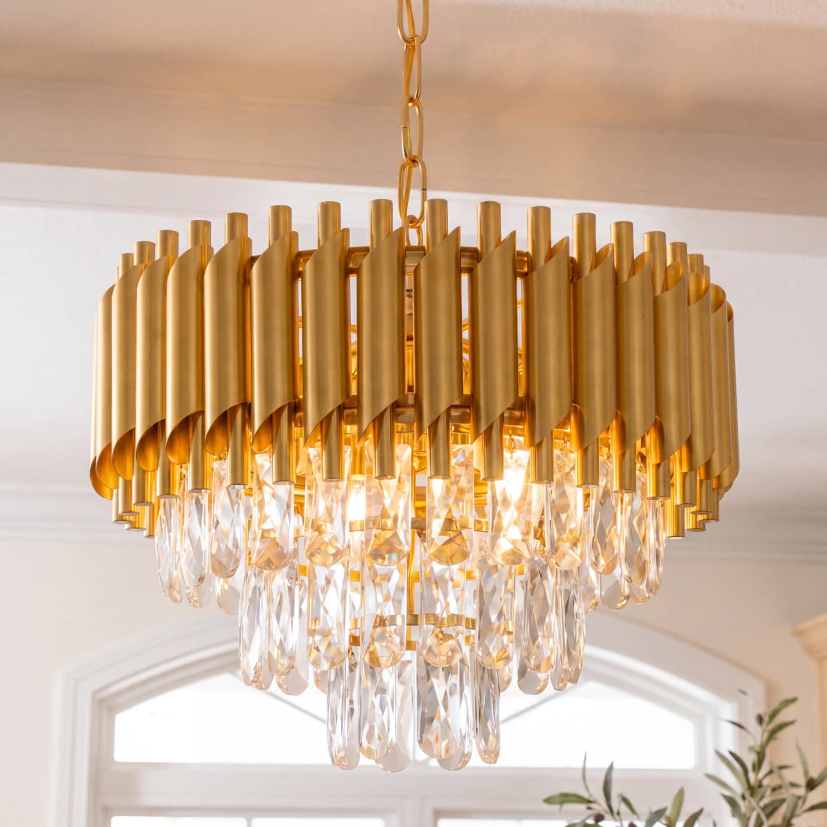 Gold Crystal Chandelier, Modern Luxury 3-Tier K9 Crystal Chandelier Light Fixture, Adjustable Chain Hanging Pendant Light for Dining Room Living Room Kitchen Island Bedroom Foyer Entryway Hallway