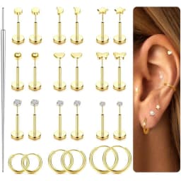 12 Pairs 316L Surgical Steel Flat Back Studs Hoop Earrings for Women Men CZ Stud Earrings Nose Stud Helix Piercing Jewelry