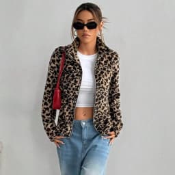 IG Women Leopard Print Stand Collar Zip-Up Fuzzy Jacket, Long Sleeve Warm Fluffy Short Coat, Winter Casual Street Outerwear