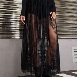 Sexy Lace See-through Half Skirt A-Line Long Evening Club Skirt Spring Summer Elastic mid Waist Nylon Fabric Hollow out Design