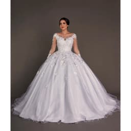 Customized White O-Neck Appliques Full Sleeves Wedding Dress 2026 Ball Gown Floor Length Sweep Train Tulle Zipper Bridal Gown