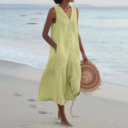Summer Loose Casual Patchwork Cotton Linen Pocktes Dress V Neck Beach Style Dress Sleeveless Vintage Club Midi Solid Women Dress