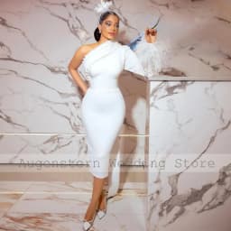 Customized Civil Wedding Dress One Shoulder Feather Long Sleeve Court Wedding Gowns Midi Sheath Pearl Applique Bridal Gown Short