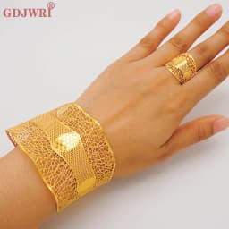 France Luxury Chain Cuff Bangle & Ring For Women Dubai Gold Color Indian Moroccan Big Bracelet Jewelry Arabic African Wedding