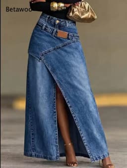 Ladies Vintage Washed Denim Long Skirt Irregular Overlap Design High Split Maxi Skirt High Waist Fashion Casual