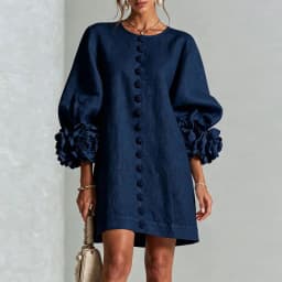 Vintage Solid Dress Ladies Puff Sleeve 3D Floral Decoration Buttons Decor Loose Straight Dress Holiday Party Daily Short Dresses