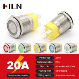 High Current 19mm 22mm 20A 12V 24V 110V 220V IP68 Waterproof Flat Ring Round Push Button Switch Metal Stainless Steel 20cm Wire