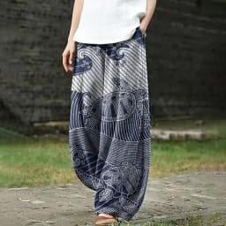 Retro Ukiyo-e Line Wave Sea Turtle Japanese Art Print Casual Pants Harajuku Lantern Trousers Women's Boho Wide Leg Pants
