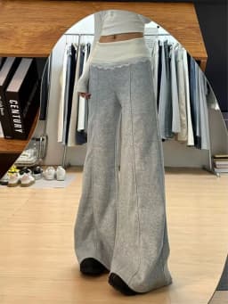HOUZHOU Gray Lace Patchwork Women Pants Wide Leg Korean Fashion Sweatpants Solid Color Straight Trousers Baggy Basic Casual