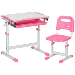 HOMCOM Kids Desk and Chair Set, Height Adjustable Student Writing Desk with Tiltable Desktop, Drawer, Pen Slot, Hook