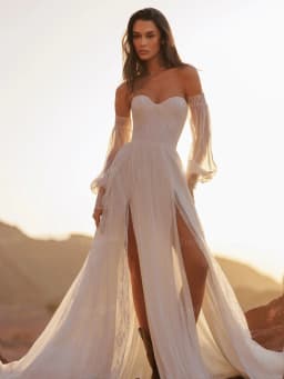 Toofgon Boho Chiffon Lace Wedding Dresses Customized Sexy Slit Dectachable Long Sleeves Country Bridal Gowns Formal Bride Dress