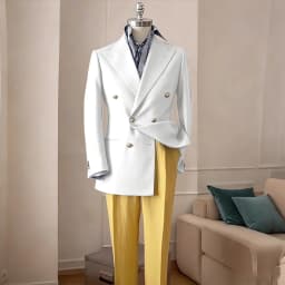 Timeless Men's Navy Blue Double Breasted Suit Summer Breathable Casual 2Piece Set Jacket+Yellow Linen Pants Wedding Groom Attir