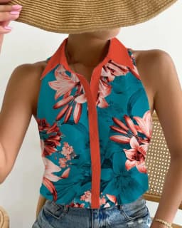 Women Sleeveless Halter Neck Button Down Blouse With Vibrant Swirl Abstract Print Perfect For Summer Beach Vacations Casual Outi