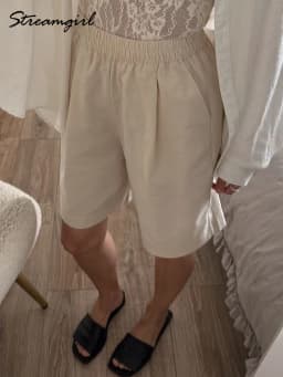 Summer White Bermuda Shorts For Women Loose A Line Lyocell Long Shorts Baggy Lady High Waist Women's Navy Wide Leg Shorts Cotton