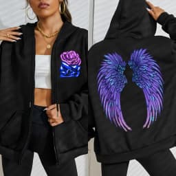 Cool Purple Creative Wings Rose Print Women Zipper Hoody Fashion Loose Sportswear Casual Fleece Hoodie Autumn Hip Hop Tracksuit