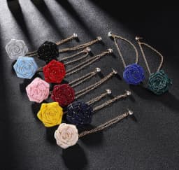 Korean Style Handmade Rose Flower Brooch Pin for Men Wedding Groomsmen Tassel Chain Lapel Accessory Cloth Art Suit Badge