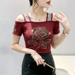 New Designer Hot Diamond Mesh T-Shirt Women Korean Style Sexy Off Shoulder Slim Tee Summer Casual Streetwear Tops