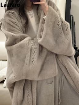 Lautaro Winter Luxury Elegant Thick Warm Soft Brown Bat Sleeved Faux Mink Fur Coat Women with V Neck Stylish Chic Fluffy Jacket