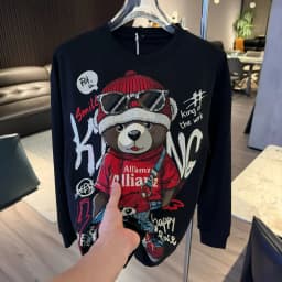 Handsome Bear Hot Diamonds Round Neck Pullover Top Autumn Winter Long Sleeve Sweatshirt All-match Male Cotton Hoodie T-shirt
