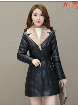 Womens Leather Windbreaker Plus Velvet Thick PU Leather Cotton Coat Long Suit Collar Large Size Fashion Warm Leather Jackets