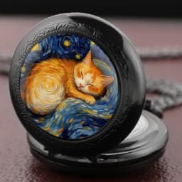 Sleep Cat Watch Black Quartz Pocket Watch Van Gogh's Art Vintage Accessory Women Necklace Pendant Clock Men Gifts for Cat Lover