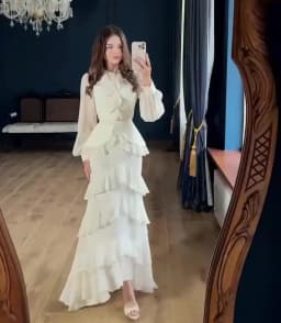 Elegant Solid Layered Ruffle Long Dress Women O Neck Long Sleeve Belt Chiffon Maxi Dress Autumn Wedding Guest Evening Party Robe