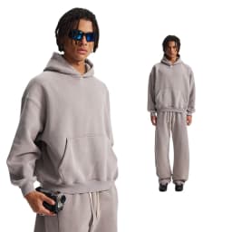 Custom LOGO men's new short BOXY version 370G heavy fleece worn old hooded sweater scimitar wide leg trousers couple suit