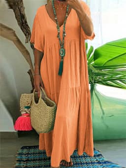 Plus-Size Women's Casual, Loose-Fitting, V-Neck Solid-Color Long Dress; Spring/Summer Pleated Plus-Size Women's Dress