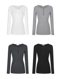 Women's Solid Plain Half Button Front Ribbed Tee Simple Fashion Pullover Top Casual Slim Fit Long Sleeve Round Neck T-Shirt 2026