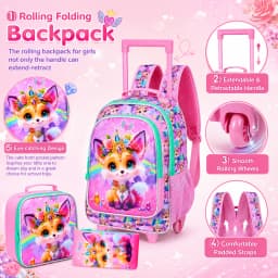 3Pcs Rolling Backpack for Girls, Kids Roller School Backpack with Wheels, Fox Wheeled Bookbag for Elementary Preschool Kindergar