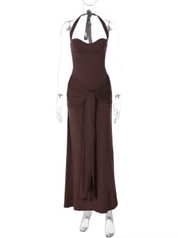Dulzura Women'S Sexy Backless Ruched Lace Up Halter Long Dress Solid Elegant Slim Fit Evening Dress Birthday Party Prom Clothes