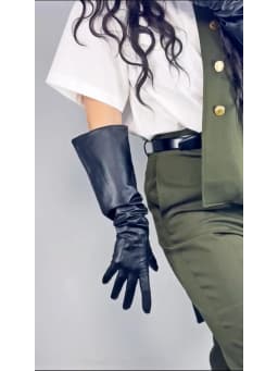 Unisex Black Real Leather Gloves Oversize Puff Sleeves Wide Elbow Long Genuine Goatskin Winter Warm Glove Evening Party Costume