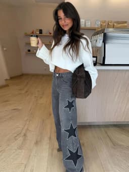 Classic Studded Denim Jeans Pant Women's Star Patchwork Baggy Pants Wide Leg Trendy Streetwear Casual Daily Female Trousers