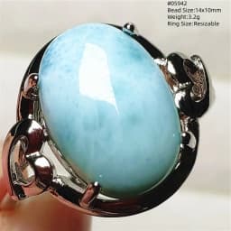 Natural Blue Larimar Oval Adjustable Ring Jewelry Water Pattern Real Larimar For Women Men Healing Fashion Stone AAAAAA