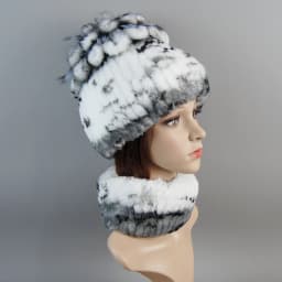 Real Rex Rabbit Fur Hat And Scarf Set Women Winter Knitted Beanie Hat Natural Fur Skullies Beanies Woman Hat Female Cap Elastic