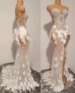 New Arrival Women Sexy Strapless Sequined Leaves Mesh Bodycon Mermaid Dress Beading Elegant Evening Wedding Party Outfit
