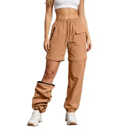 Women Elastic Waist Drawstring Zip Off Pants With Pockets Convertible Quick Dry Detachable Hiking Trousers Athletic Cargo Pants